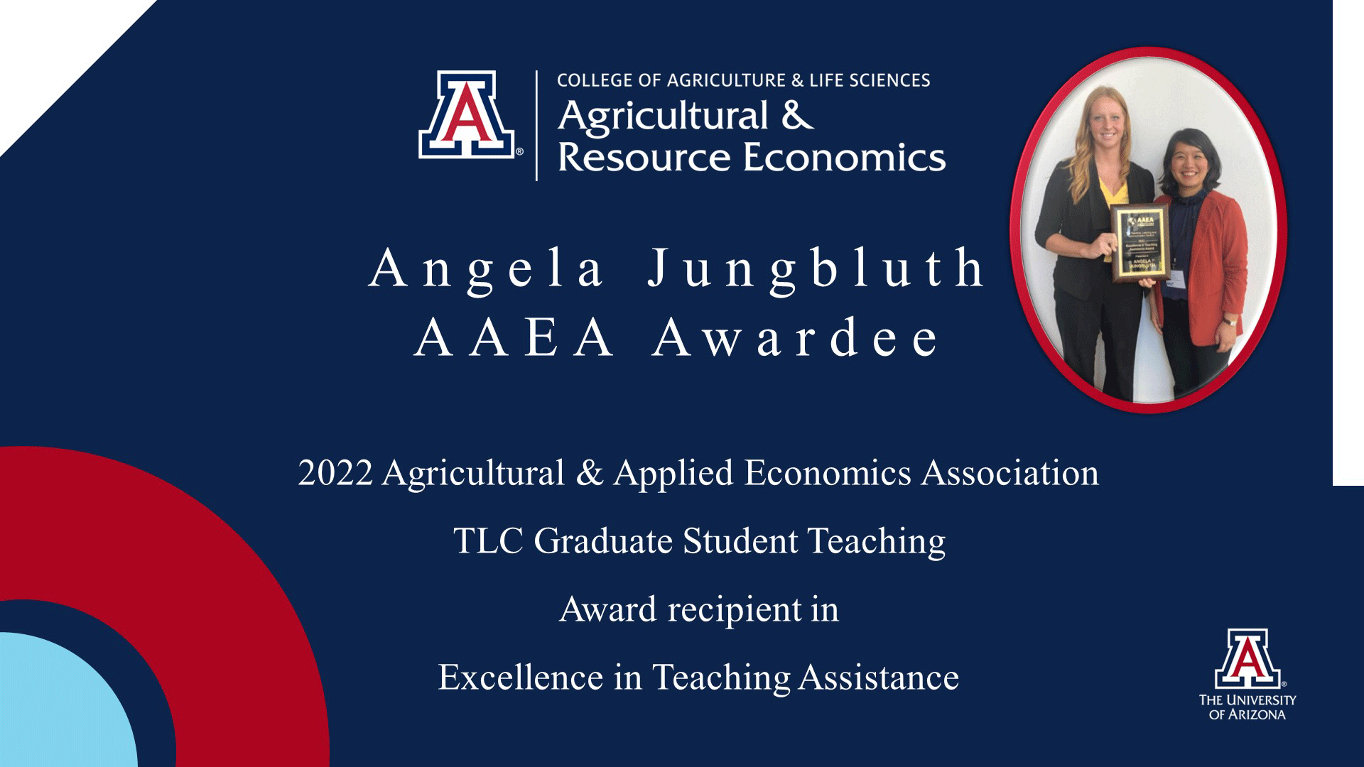 Angela Jungbluth accepts AAEA award pictured with Na Zuo Agricultural Resource Economics UArizona