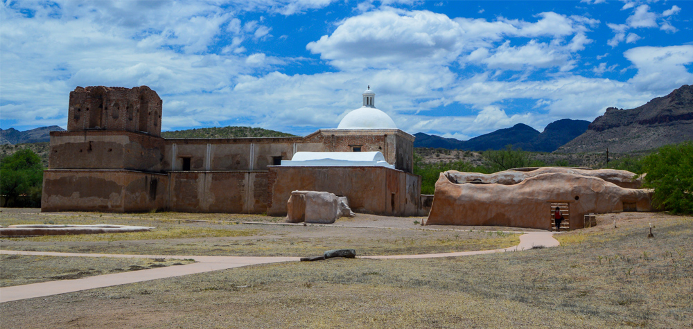 view of an old church in the desert, Tucson Arizona